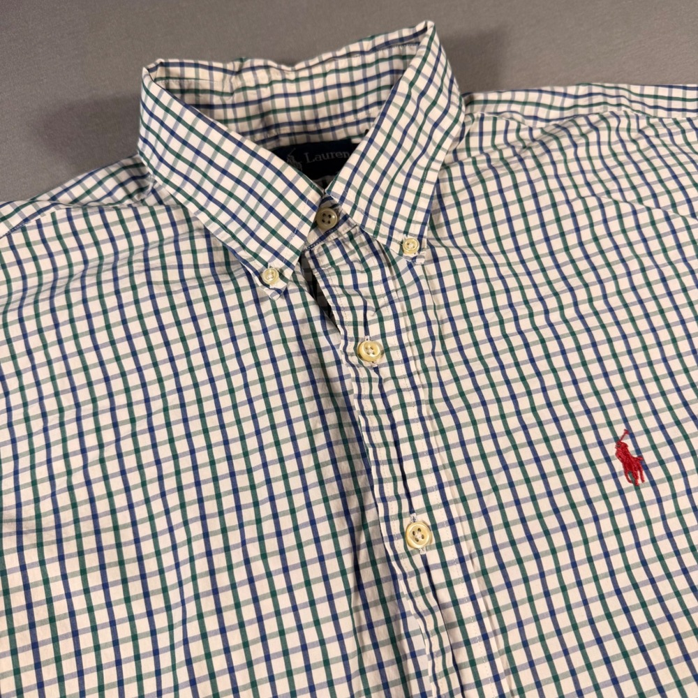 Ralph Lauren Blake Shirt Mens Lg Green Blue Tattersall Check Cotton Button Down